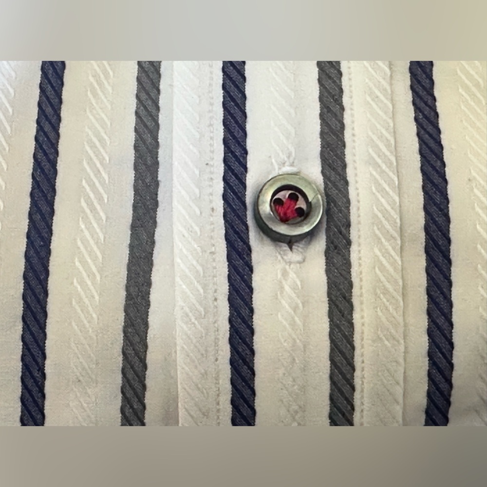 Isaia Napoli Neiman Marcus White Navy Gray Striped Men’s Dress Shirt Size 18/45